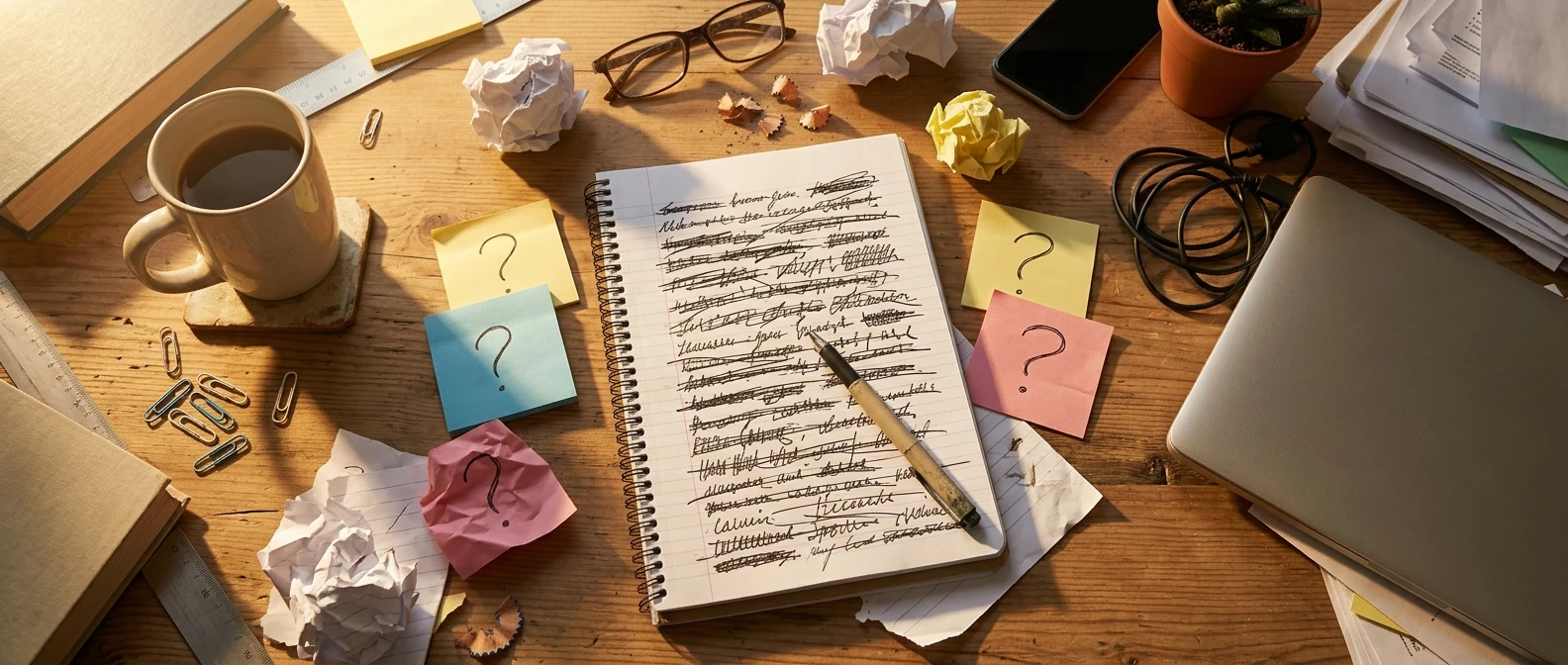 A cluttered wooden desk seen from above in warm morning light: a notebook crowded with crossed-out topic ideas, several sticky notes with question marks, a coffee mug, and a closed laptop pushed to the side, conveying a beginner stuck before publishing anything.
