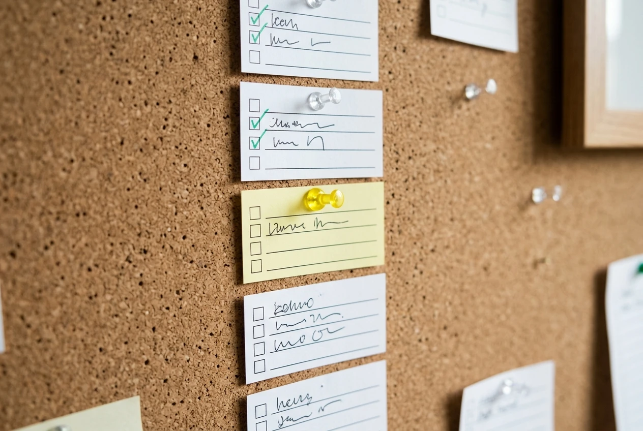 A paper wall-planner style checklist pinned to a corkboard, with the first few task cards pinned in a tidy column, the top ones marked with small green ticks and the next card highlighted with a bright yellow pin, in soft daylight beside a window.