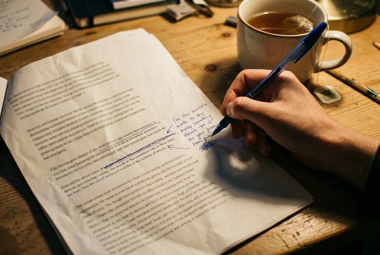 A printed article draft lying on a table with a hand holding a pen, striking through one stiff sentence and writing a personal note in the margin in blue ink, next to a cup of tea, in warm lamp light.