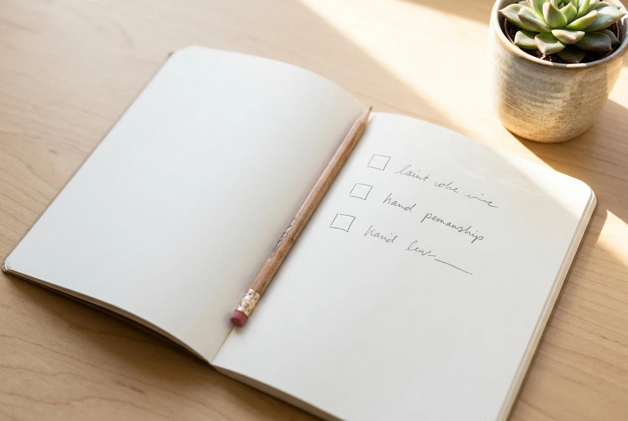 An open paper notebook on a clean desk with three short handwritten lines spaced down the page, each with an empty checkbox beside it, a pencil resting across it and a small potted plant nearby, in calm bright morning light.