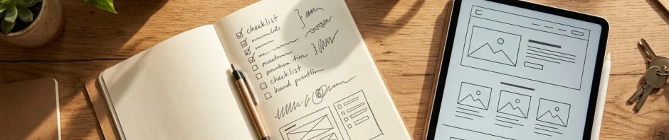 A tidy wooden desk seen from above in soft morning light, with a small potted plant, a notebook open to a hand-drawn checklist of tasks, and a tablet showing a simple website draft, a