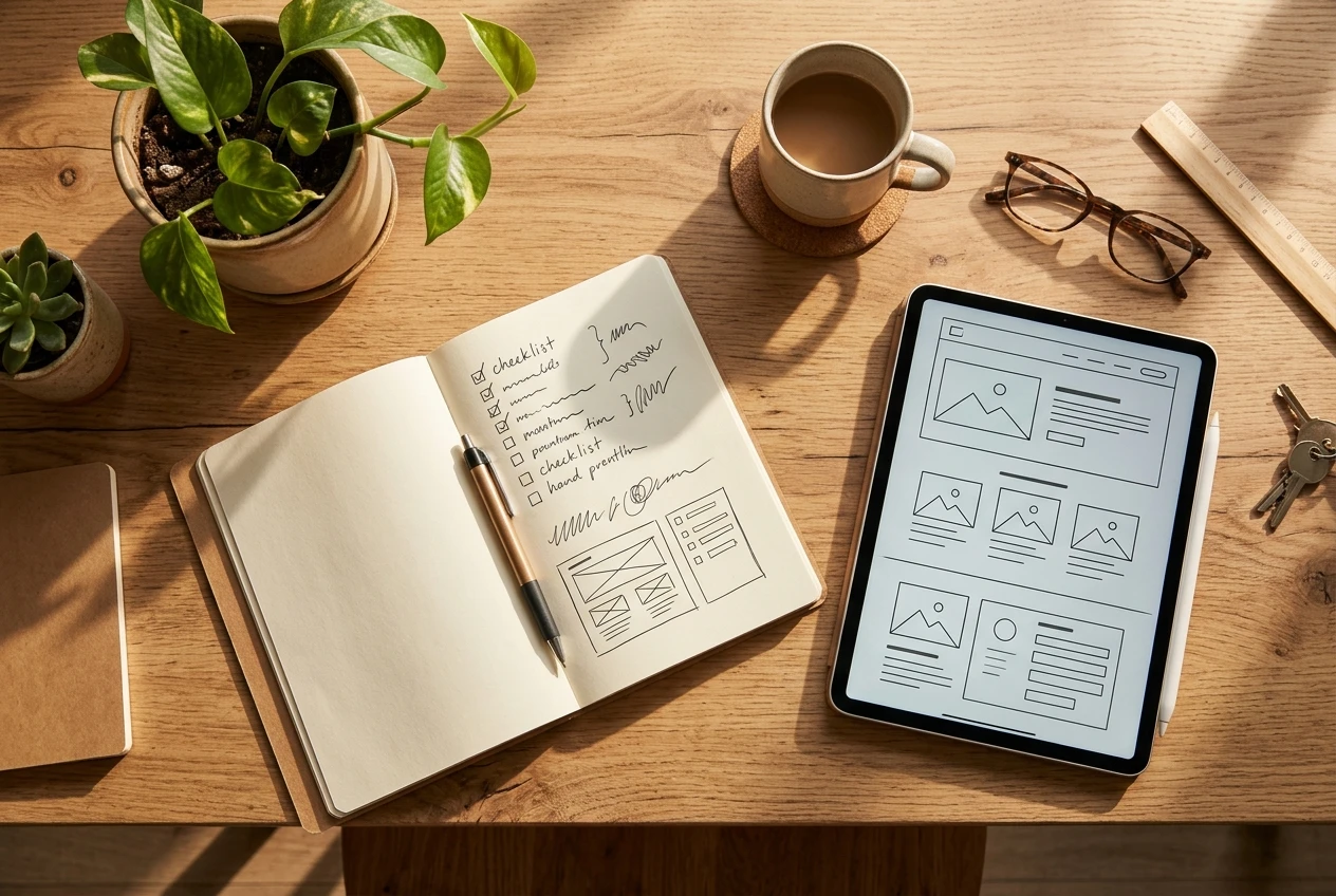A tidy wooden desk seen from above in soft morning light, with a small potted plant, a notebook open to a hand-drawn checklist of tasks, and a tablet showing a simple website draft, arranged like a single workspace where training, tools and community meet.