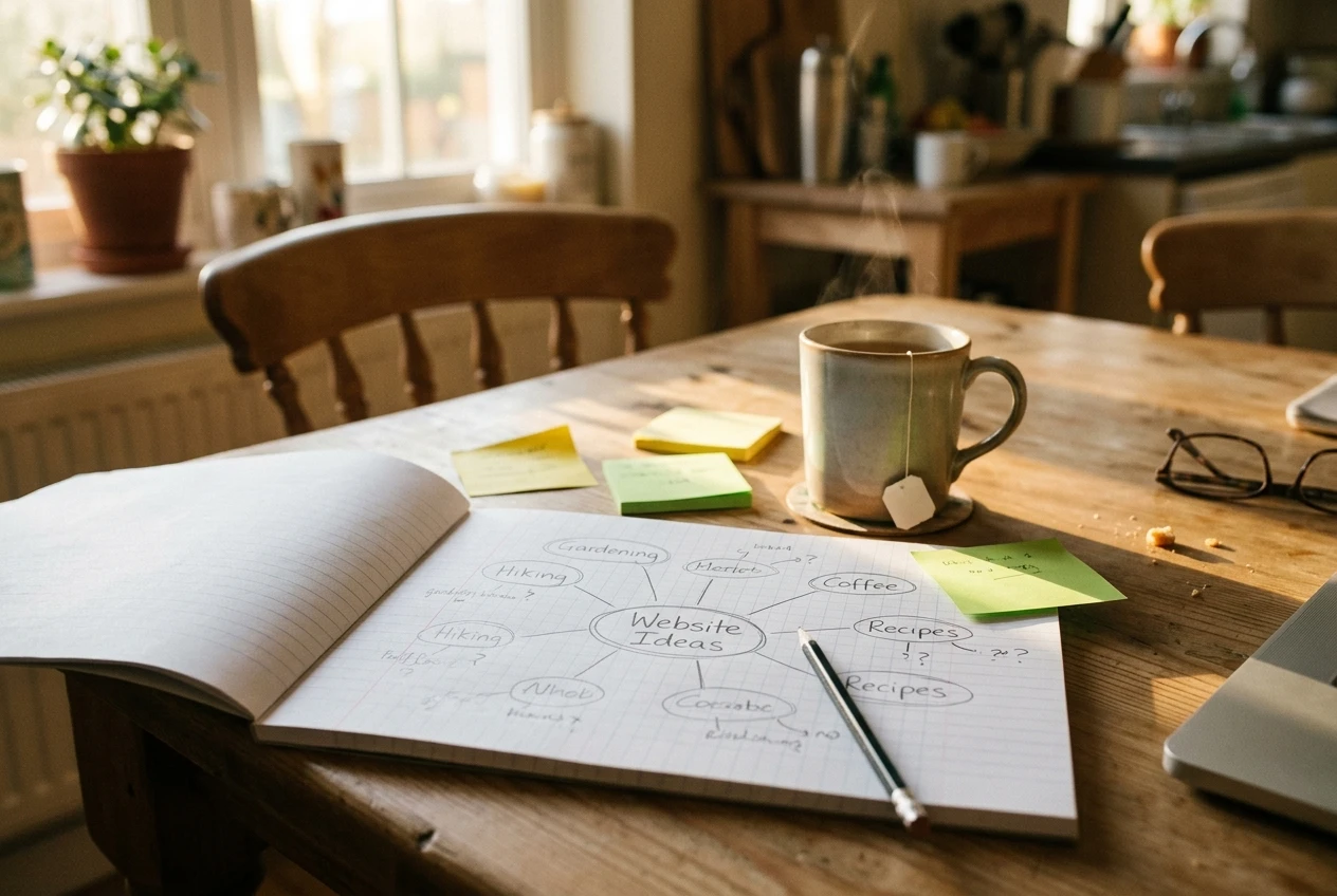 A beginner's notebook on a kitchen table with a half-finished mind map of possible website topics (gardening, hiking, coffee) circled in pencil, a mug of tea beside it, warm afternoon window light and a few sticky notes in yellow and green.