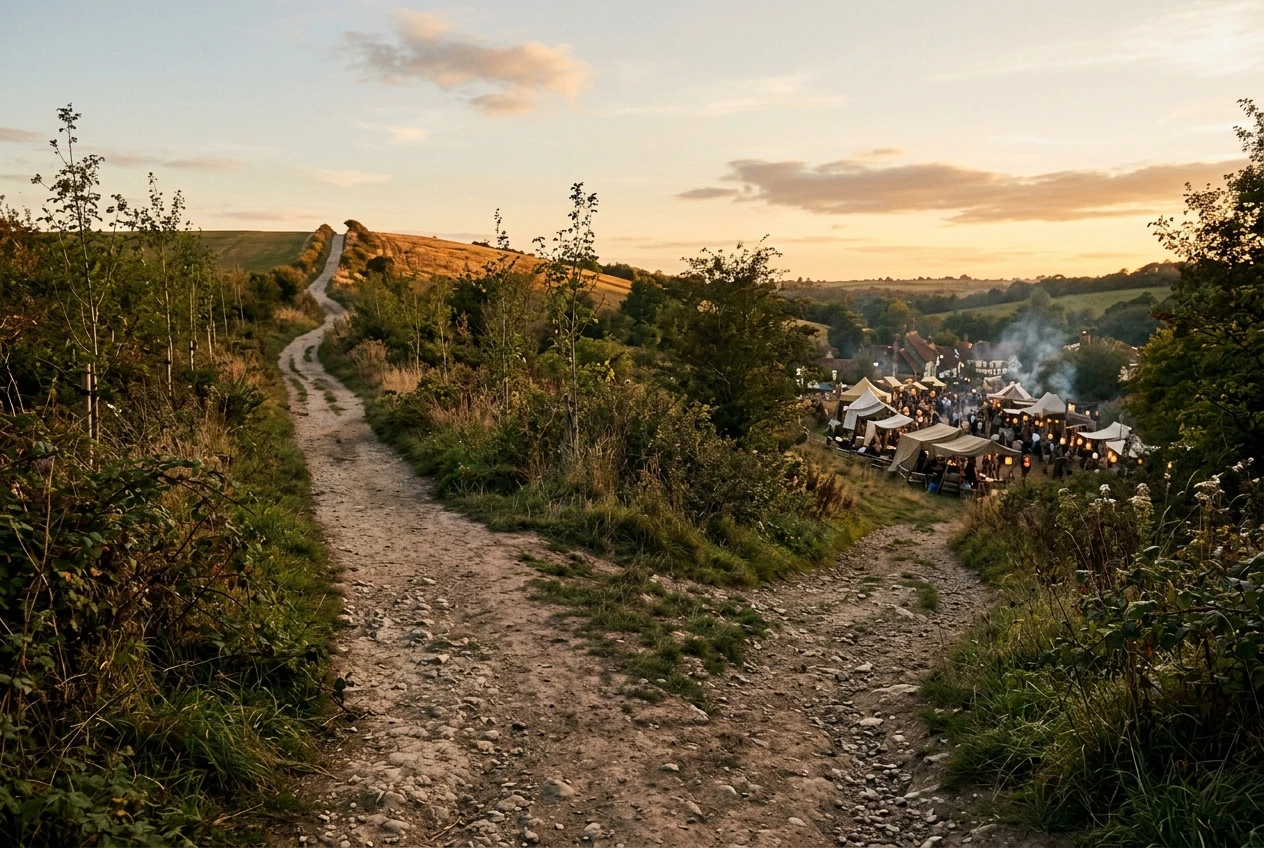 A fork in a quiet country path in early evening light: one branch leads uphill toward a distant sapling-lined horizon, the other runs down toward a small bustling market stall village, suggesting slow-growing versus fast-paying routes.