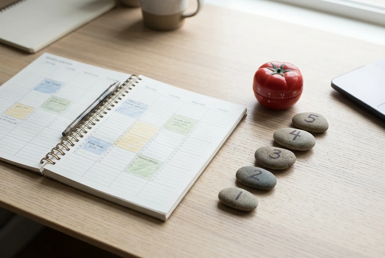 A paper weekly planner on a desk with a few time blocks shaded in, a kitchen timer shaped like a tomato, and five small numbered stones lined up beside it like steps, in clean daylight with muted neutral colors.